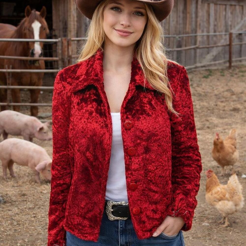 European Boutique Cherry Red Plush Velvet Blazer EU 42 - Picture 3 of 14